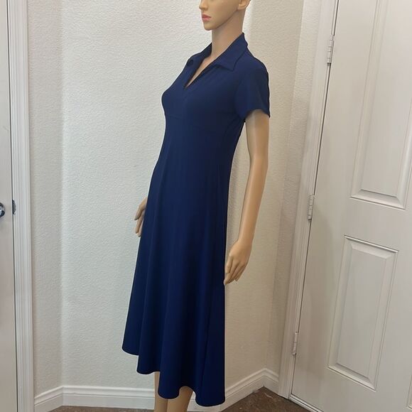 Express Dress Size Small Notch Collar Short Sleeve Midi Navy Royal Blue Flare - Picture 7 of 10